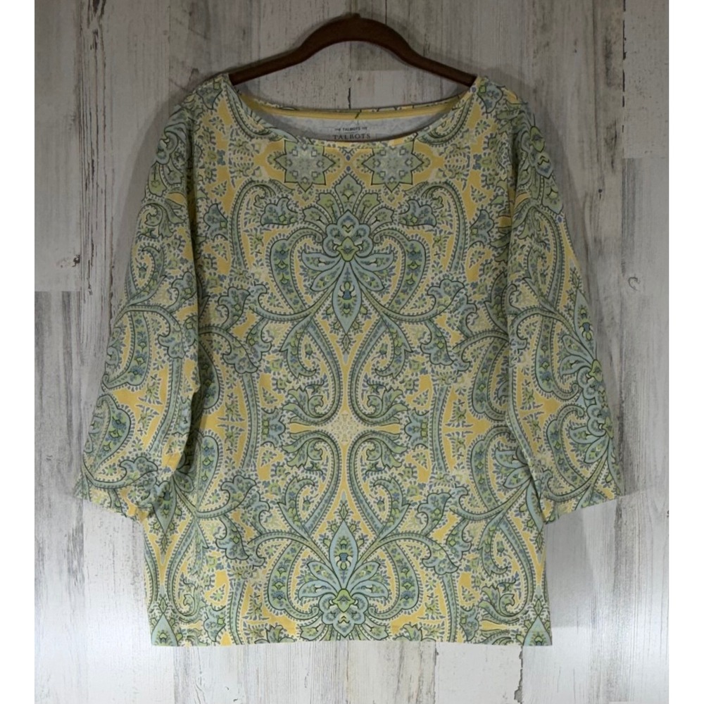 Talbots Tee 2XP Paisley Floral Boat Neck 3/4 Sleeve Cotton Blend Boho Office
